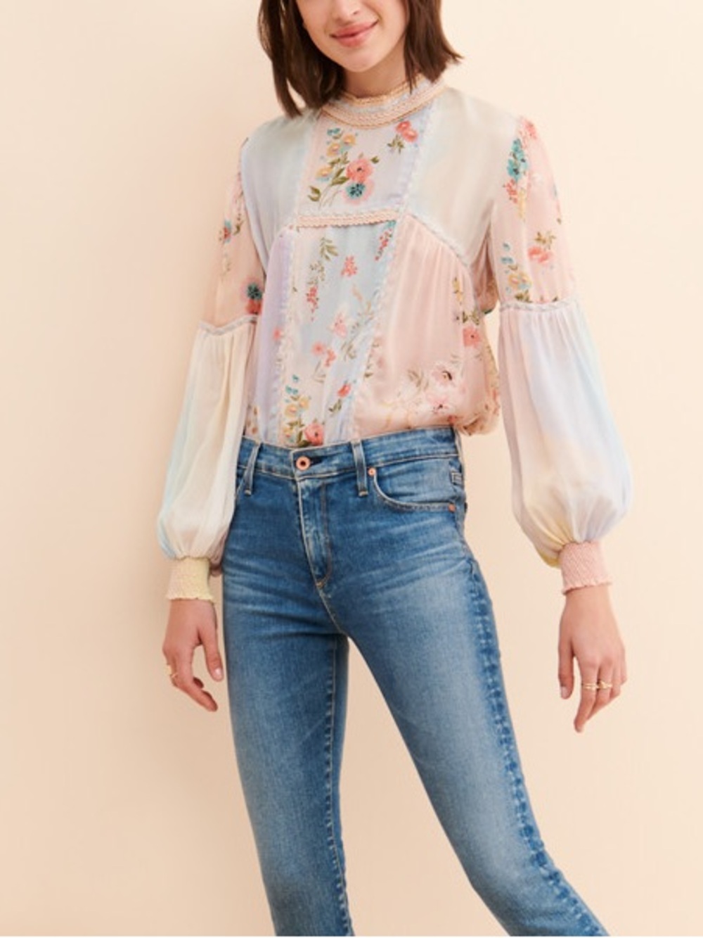 Pastel Floral Patchwork Long-Sleeve Blouse